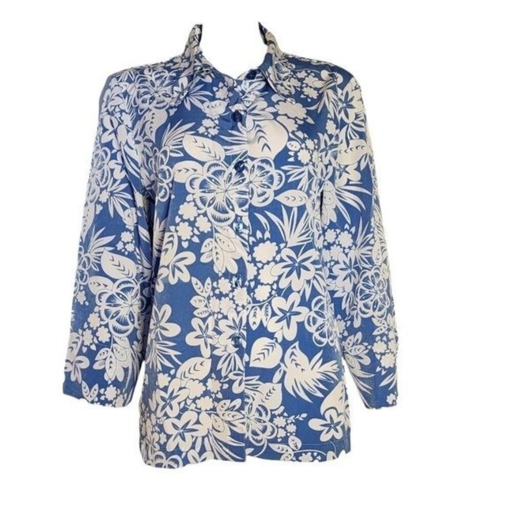 Susan Graver Style Button Down Shirt Womens Size‎ M Medium Blue White Floral